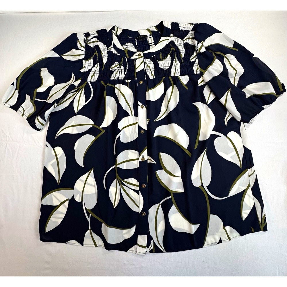 Ann Taylor Women's Navy White Olive Floral Smocked Button Front Blouse, M